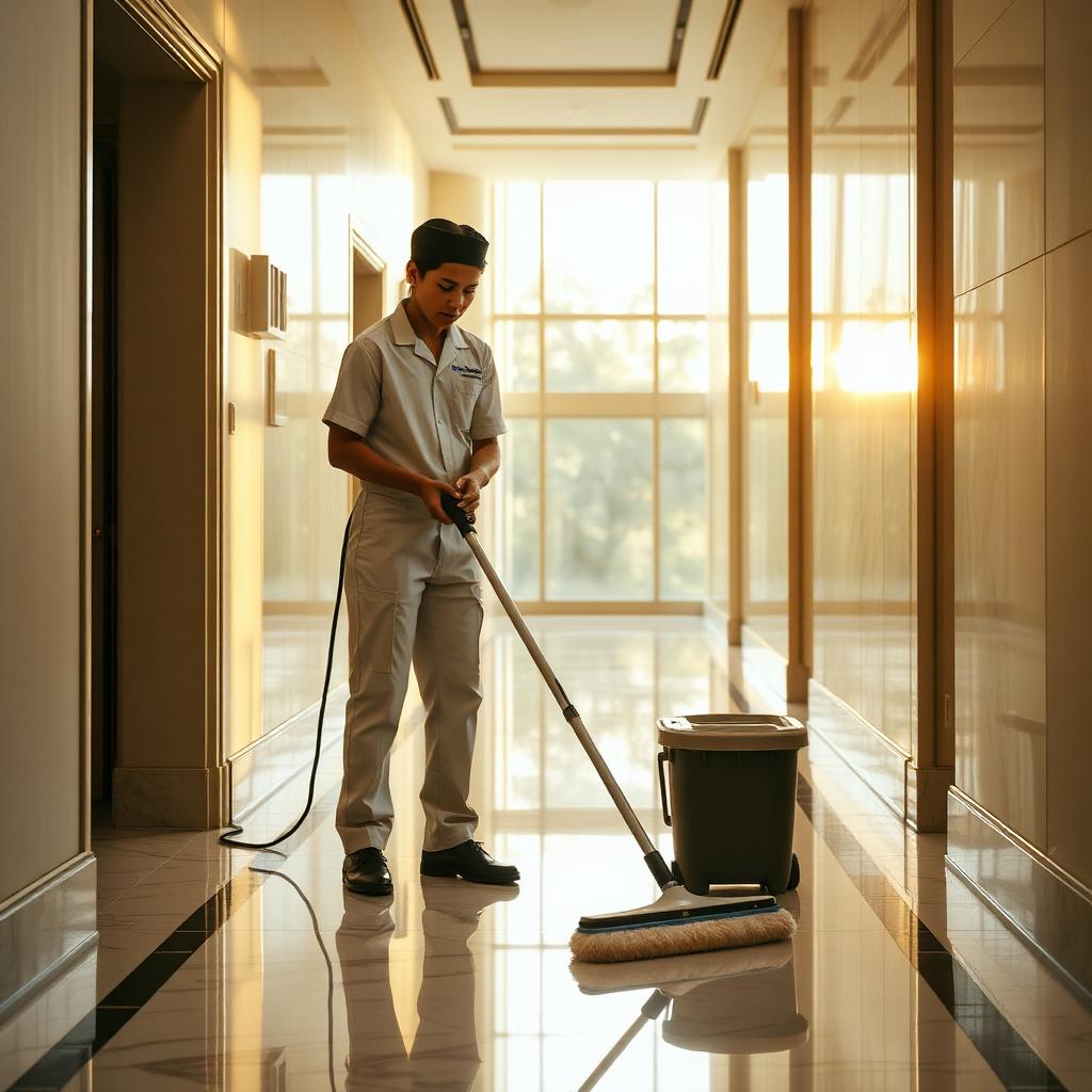 Profissional de limpeza polindo o piso de área comum
