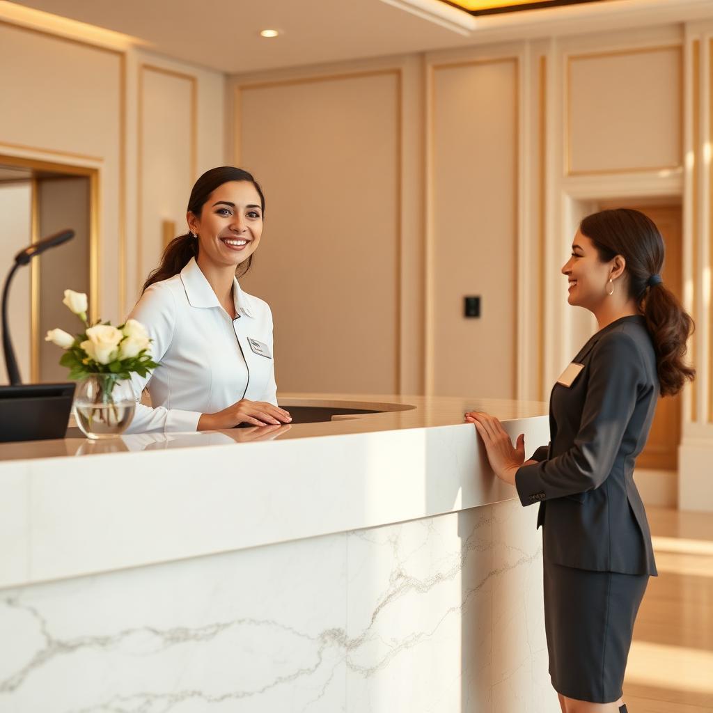 Recepcionista atendendo visitante no balcão de recepção corporativa